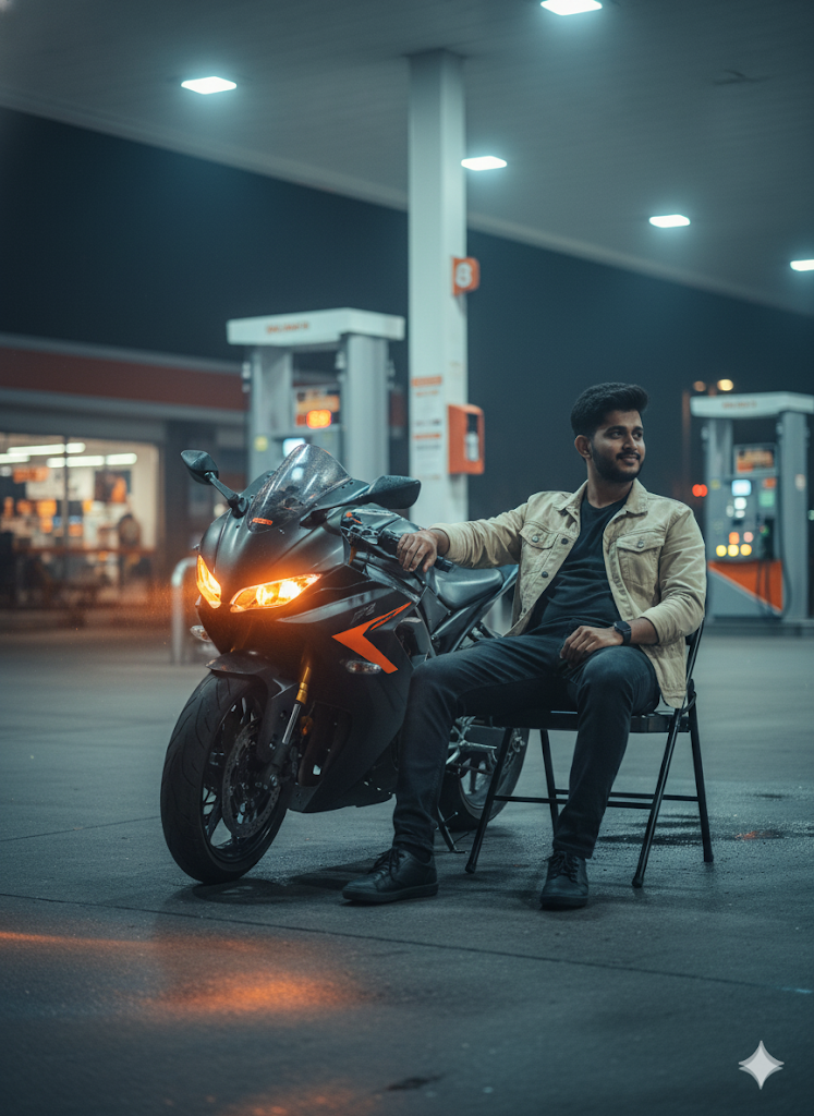 Motorcycle Rider At Gas Station